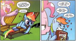 Size: 1161x630 | Tagged: safe, artist:agnes garbowska, idw, official comic, daring do, pinkie pie, rainbow dash, g4, secrets and pies, spoiler:comic, spoiler:comic59, book, eyes closed, heart, holding something, pinkie pie is not amused, raised hoof, sparkles, unamused