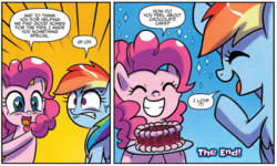 Size: 1016x608 | Tagged: safe, artist:agnes garbowska, idw, official comic, pinkie pie, rainbow dash, earth pony, pegasus, pony, g4, secrets and pies, spoiler:comic, spoiler:comic59, cake, comic, female, food, heart eyes, mare, wingding eyes