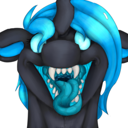 Size: 1000x1000 | Tagged: safe, artist:royalagate, derpibooru exclusive, oc, oc only, oc:fleet wing, changeling, blue changeling, blue hair, blue tongue, changeling oc, female, fetish, maw, mawshot, mouth, open mouth, simple background, solo, tongue out, transparent background