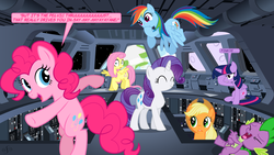 Size: 1920x1080 | Tagged: safe, artist:christhes, applejack, fluttershy, pinkie pie, rainbow dash, rarity, spike, twilight sparkle, alicorn, dragon, pony, g4, bipedal, crossover, dancing, death star, dialogue, fanart mashup challenge, laughing, let's do the time warp again, mane seven, mane six, rocky horror picture show, song in the comments, star wars, twilight sparkle (alicorn), twilight sparkle is not amused, unamused