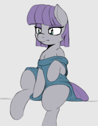 Size: 952x1228 | Tagged: safe, artist:spectre-z, maud pie, earth pony, pony, g4, chest fluff, clothes, drawpile, female, lidded eyes, off shoulder, raised leg, simple background, sitting, sketch, solo