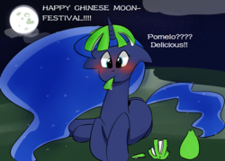 Size: 1400x1000 | Tagged: safe, artist:zouyugi, princess luna, alicorn, pony, g4, fruit, mid-autumn festival, moon, night, pomelo, sky