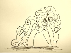 Size: 4640x3480 | Tagged: safe, artist:mang, pinkie pie, g4, alternate hairstyle, female, inktober, monochrome, poofy pie, solo, tongue out