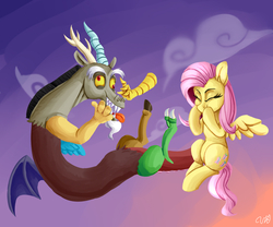 Size: 1200x1000 | Tagged: safe, artist:passigcamel, discord, fluttershy, draconequus, pegasus, pony, g4, cute, discute, eyes closed, female, male, modular, ship:discoshy, shipping, shyabetes, silly face, straight