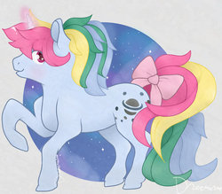 Size: 1024x899 | Tagged: safe, artist:dreamcreationsink, moonstone, pony, unicorn, g1, bow, female, magic, mare, raised hoof, solo, tail bow