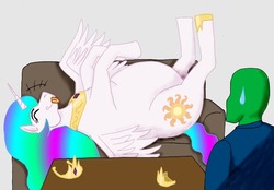 Size: 1000x697 | Tagged: safe, artist:wolfman-al, princess celestia, oc, oc:anon, g4, chubbylestia, coffee table, couch, fat, happy, hooves up, implied cake, large belly, stuffed, sweat, sweatdrop, tongue out
