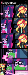 Size: 651x1700 | Tagged: dead source, safe, artist:dsfranch, sci-twi, spike, sunset shimmer, twilight sparkle, comic:magic book, equestria girls, g4, comic, female, human spike, male