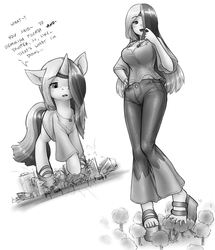 Size: 973x1132 | Tagged: safe, artist:alloyrabbit, oc, oc only, oc:golden age, human, pony, breasts, city, clothes, destruction, dialogue, hair over one eye, humanized, open mouth, pants, sandals, self ponidox, tree