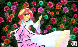 Size: 2470x1500 | Tagged: safe, artist:minusclass, sunset shimmer, equestria girls, g4, beautiful, clothes, dress, female, flower, patreon, patreon logo, smiling, solo