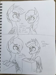 Size: 1024x1365 | Tagged: safe, artist:misskitkat2002, oc, oc only, earth pony, pegasus, pony, female, implied gay, male, mare, monochrome, sketch, stallion, traditional art