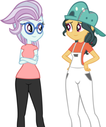 Size: 3565x4287 | Tagged: safe, artist:ironm17, fresh coat, north point, equestria girls, g4, cap, clothes, crossed arms, equestria girls-ified, female, glasses, hand on hip, hat, looking at each other, overalls, shirt, simple background, smiling, t-shirt, transparent background, vector