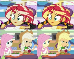 Size: 2400x1920 | Tagged: safe, applejack, fluttershy, sunset shimmer, equestria girls, equestria girls specials, g4, my little pony equestria girls: mirror magic, color, comparison, discovery family logo, graphics, you had one job