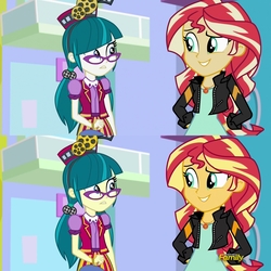 Size: 1920x1920 | Tagged: safe, juniper montage, sunset shimmer, equestria girls, equestria girls specials, g4, mirror magic, color, comparison, discovery family logo, graphics, you had one job