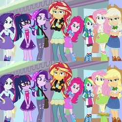 Size: 1920x1920 | Tagged: safe, applejack, fluttershy, pinkie pie, rainbow dash, rarity, sci-twi, starlight glimmer, sunset shimmer, twilight sparkle, equestria girls, equestria girls specials, g4, mirror magic, comparison, discovery family logo, mane six, sci-twi outfits, you had one job
