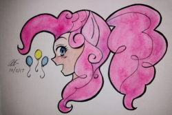 Size: 3082x2062 | Tagged: safe, artist:aloubell, pinkie pie, human, g4, bust, female, high res, humanized, ponied up, ponytail, portrait, solo, traditional art