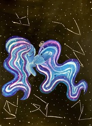 Size: 1504x2048 | Tagged: safe, artist:itssopanda, princess luna, pony, g4, constellation, ethereal mane, eyes closed, female, galaxy mane, night, solo, space, stars, traditional art, watercolor painting