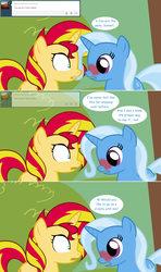 Size: 1280x2168 | Tagged: safe, artist:hakunohamikage, sunset shimmer, trixie, pony, unicorn, ask-princesssparkle, g4, ask, blushing, blushing profusely, comic, female, lesbian, ship:suntrix, shipping, tumblr