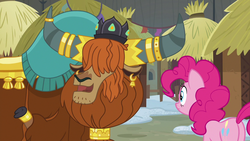 Size: 1280x720 | Tagged: safe, screencap, pinkie pie, prince rutherford, earth pony, pony, yak, g4, not asking for trouble, cloven hooves, crown, ear piercing, earring, female, horn, horn ring, jewelry, male, piercing, raised hoof, regalia
