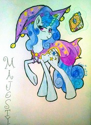 Size: 2432x3356 | Tagged: safe, artist:erynerikard, derpibooru exclusive, oc, oc only, oc:majesty, pony, unicorn, book, cape, clothes, female, hat, high res, journal, mare, solo, traditional art, wizard hat