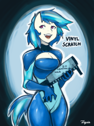 Size: 1800x2400 | Tagged: safe, artist:tipsie, dj pon-3, vinyl scratch, anthro, g4, bass cannon, boob window, breasts, cleavage, clothes, female, latex, latex suit, open mouth, solo