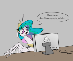 Size: 2440x2059 | Tagged: safe, anonymous artist, princess celestia, alicorn, pony, g4, 4chan, applejack's cutie mark, blushing, chest fluff, colored, computer, cute, cutelestia, dialogue, drawthread, female, floppy ears, frown, funny, funny as hell, gray background, high res, horrified, internet, mare, neck fluff, oh no, open mouth, scared, scaredlestia, simple background, solo, spread wings, table, there are wrong ways to fantasize, there is no wrong way to fantasize, traumatized, wide eyes, wings