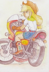 Size: 671x983 | Tagged: safe, artist:daisymane, applejack, equestria girls, g4, belt, boots, clothes, cowboy boots, cowboy hat, denim skirt, female, gloves, hat, motorcycle, shirt, shoes, simple background, skirt, solo, stetson, traditional art, watercolor painting