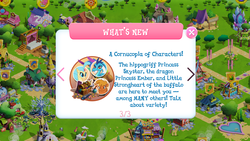 Size: 1136x640 | Tagged: safe, gameloft, caramel, little strongheart, princess ember, princess skystar, scootaloo, thunderlane, bison, buffalo, classical hippogriff, dragon, hippogriff, pony, g4, my little pony: the movie, text