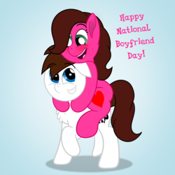 Size: 3000x3000 | Tagged: safe, artist:aarondrawsarts, oc, oc only, oc:brain teaser, oc:rose bloom, pony, blushing, brainbloom, chest fluff, high res, horse riding a horse, national boyfriend day, oc x oc, ponies riding ponies, riding, shipping, smiling, tumblr