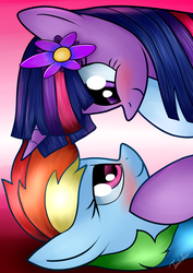 Size: 2480x3507 | Tagged: safe, artist:twidasher, rainbow dash, twilight sparkle, pony, g4, blushing, duo, female, flower, flower in hair, high res, lesbian, looking at each other, ship:twidash, shipping