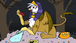 Size: 3200x1800 | Tagged: safe, artist:pony quarantine, gilda, griffon, sphinx, g4, candy, candy pile, clothes, costume, derp, food, happy, headress, majestic, nightmare night, prone, pumpkin bucket, smiling, solo, tree