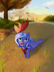 Size: 1024x1365 | Tagged: safe, artist:adsddjdfbdg, princess luna, alicorn, pony, g4, autumn, female, filly, leaf, leaves, mare, smiling, solo, tree, woona, younger