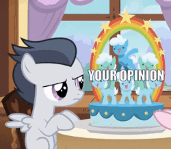 Size: 396x345 | Tagged: safe, edit, edited screencap, screencap, rumble, pegasus, pony, g4, marks and recreation, animated, cake, caption, chair, colt, food, gif, into the trash it goes, male, opinion, reaction, reaction image, sitting, table, that's your opinion, window, windowsill, your opinion