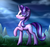 Size: 1920x1792 | Tagged: safe, artist:setharu, starlight glimmer, pony, unicorn, g4, chest fluff, cloud, cute, cutie mark, ear fluff, eye clipping through hair, female, glimmerbetes, grass, grass field, horn, lidded eyes, looking up, mare, mountain, night, raised hoof, scenery, signature, sky, smiling, solo, stars