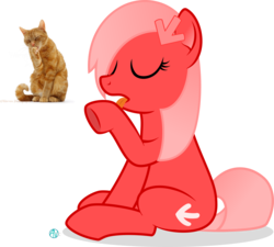 Size: 2000x1800 | Tagged: safe, artist:arifproject, oc, oc only, oc:downvote, cat, pony, derpibooru, g4, behaving like a cat, derpibooru ponified, eyes closed, licking, meta, ponified, ponified animal photo, simple background, sitting, solo, tongue out, transparent background, vector