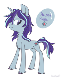 Size: 1024x1306 | Tagged: safe, artist:flourret, oc, oc only, oc:arcane rune, pony, unicorn, chest fluff, ear fluff, lidded eyes, looking back, magical lesbian spawn, male, neck fluff, offspring, parent:starlight glimmer, parent:trixie, parents:startrix, signature, simple background, smiling, solo, stallion, standing, unshorn fetlocks, white background