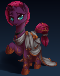 Size: 2334x2952 | Tagged: safe, artist:dankflank, fizzlepop berrytwist, tempest shadow, pony, unicorn, g4, my little pony: the movie, alternate hairstyle, broken horn, clothes, cute, female, high res, horn, horseshoes, jewelry, looking at you, mare, necklace, raised hoof, ribbon, simple background, tempestbetes, toga