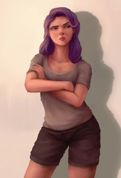 Size: 1992x2930 | Tagged: safe, artist:starblaze25, starlight glimmer, human, g4, alternate hairstyle, clothes, crossed arms, female, humanized, realistic, shirt, shorts, simple background, solo
