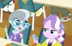 Size: 416x269 | Tagged: safe, screencap, diamond tiara, silver spoon, equestria girls, g4, my little pony equestria girls, cropped, ear piercing, earring, female, glasses, jewelry, necklace, piercing, smiling