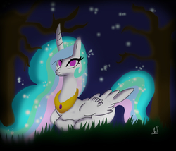 Size: 2128x1820 | Tagged: safe, artist:adtmlp, princess celestia, alicorn, pony, g4, female, jewelry, night, peytral, prone, solo, tree