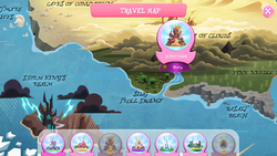 Size: 1280x720 | Tagged: safe, gameloft, g4, my little pony: magic princess, my little pony: the movie, basalt beach, caves of counundrum, klugetown, map, map of equestria, nightmare cliffs, pine needle barrens, sea of clouds, slug troll swamp, storm king's realm