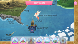 Size: 1280x720 | Tagged: safe, gameloft, classical hippogriff, hippogriff, narwhal, g4, my little pony: magic princess, my little pony: the movie, basalt beach, canterlot, canterlot castle, changeling kingdom, crystal empire, everfree forest, great iceberg barrier, kirin grove, klugetown, lost lagoon, map, map of equestria, mount aris, pine needle barrens, seaquestria, sweet apple acres, sweet apple acres barn, unnamed character, unnamed hippogriff