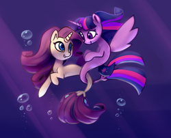 Size: 2177x1757 | Tagged: safe, artist:lilfunkman, rarity, twilight sparkle, alicorn, seapony (g4), g4, my little pony: the movie, blue eyes, bubble, crepuscular rays, female, fish tail, flowing mane, horn, lesbian, looking at each other, purple eyes, seaponified, seapony rarity, seapony twilight, ship:rarilight, shipping, species swap, tail, tail wrap, twilight sparkle (alicorn), underwater, water, wings
