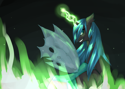 Size: 3507x2480 | Tagged: safe, artist:felineoc-alice, queen chrysalis, changeling, changeling queen, g4, female, glowing horn, high res, horn, smiling, solo