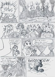 Size: 1650x2336 | Tagged: safe, artist:kuroneko, derpibooru exclusive, dragon, comic, dragoness, female, grayscale, monochrome, traditional art, volcano