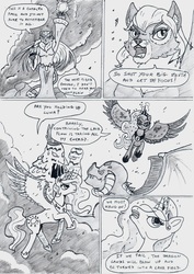 Size: 1648x2334 | Tagged: safe, artist:kuroneko, derpibooru exclusive, catrina, dragon lord torch, lavan, princess celestia, princess luna, alicorn, dragon, pony, g1, g4, comic, grayscale, monochrome, traditional art, volcano