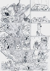 Size: 1642x2330 | Tagged: safe, artist:kuroneko, derpibooru exclusive, catrina, dragon lord torch, lavan, dragon, g1, g4, comic, grayscale, monochrome, traditional art, volcano