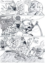 Size: 1650x2336 | Tagged: safe, artist:kuroneko, derpibooru exclusive, dragon lord torch, lavan, princess celestia, princess luna, alicorn, dragon, pony, g1, g4, comic, grayscale, monochrome, traditional art, volcano