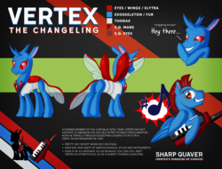Size: 3143x2392 | Tagged: safe, artist:hywther, artist:vertexthechangeling, oc, oc only, oc:vertexthechangeling, changedling, changeling, pegasus, pony, changedling oc, cutie mark, disguise, disguised changeling, eyebrow wiggle, high res, keytar, male, mohawk, musical instrument, reference sheet, smiling