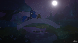 Size: 1024x574 | Tagged: safe, artist:wisdomvision f., princess luna, changeling, fanfic:love changes a changeling, g4, brother, brotiss, celebrations are in change, cover art, lcac, male, ponyville, story art
