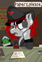 Size: 700x1024 | Tagged: safe, arstotzka, bored, female, hat, papers please, stamp